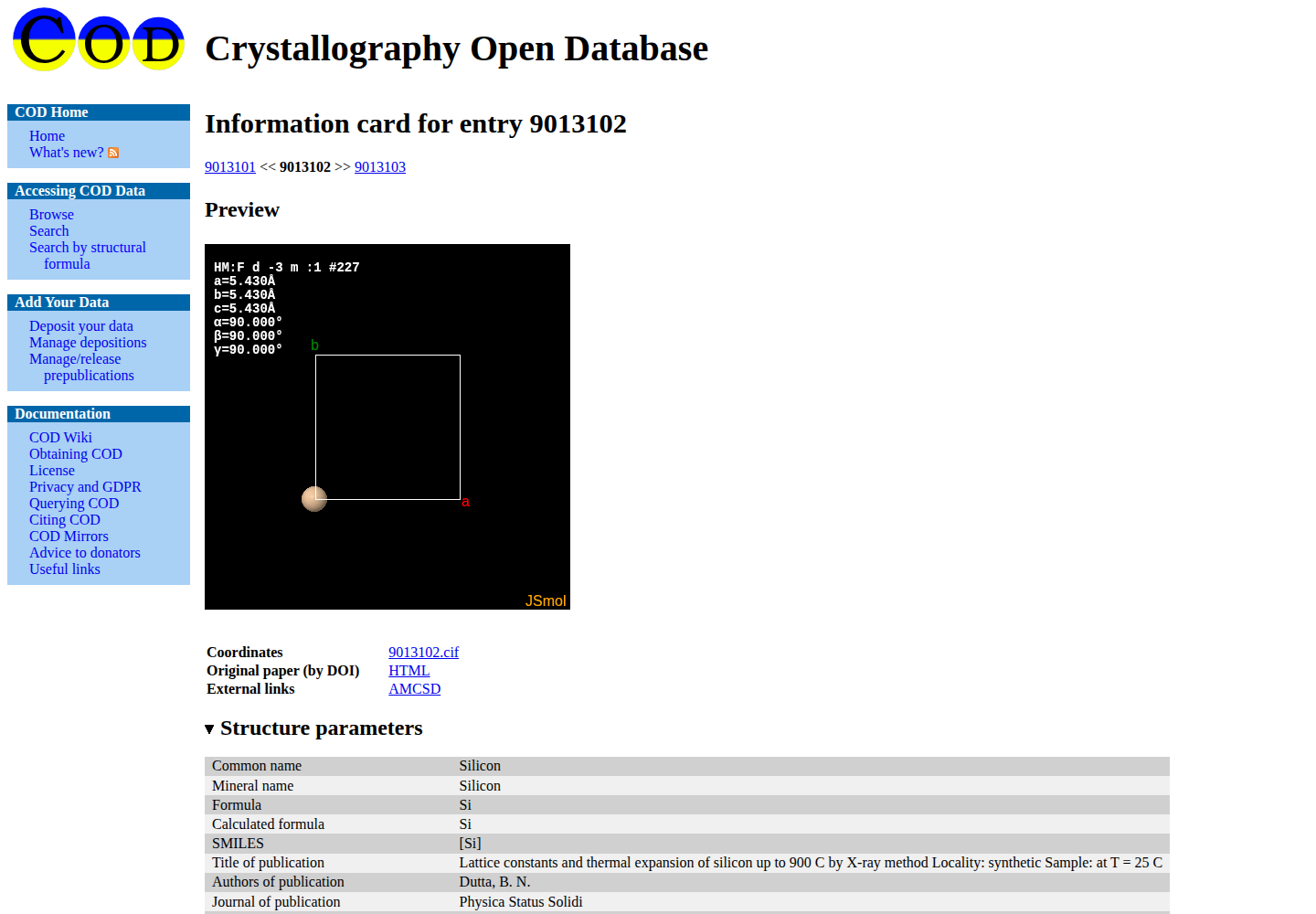 COD information card for entry 9013102 showing Silicon metadata, a structure preview, and the 9013102.cif coordinate download link.