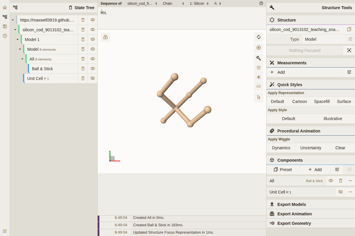 Molstar browser viewer showing an eight-site Silicon unit cell with the loaded teaching snapshot identified in the viewer state tree.